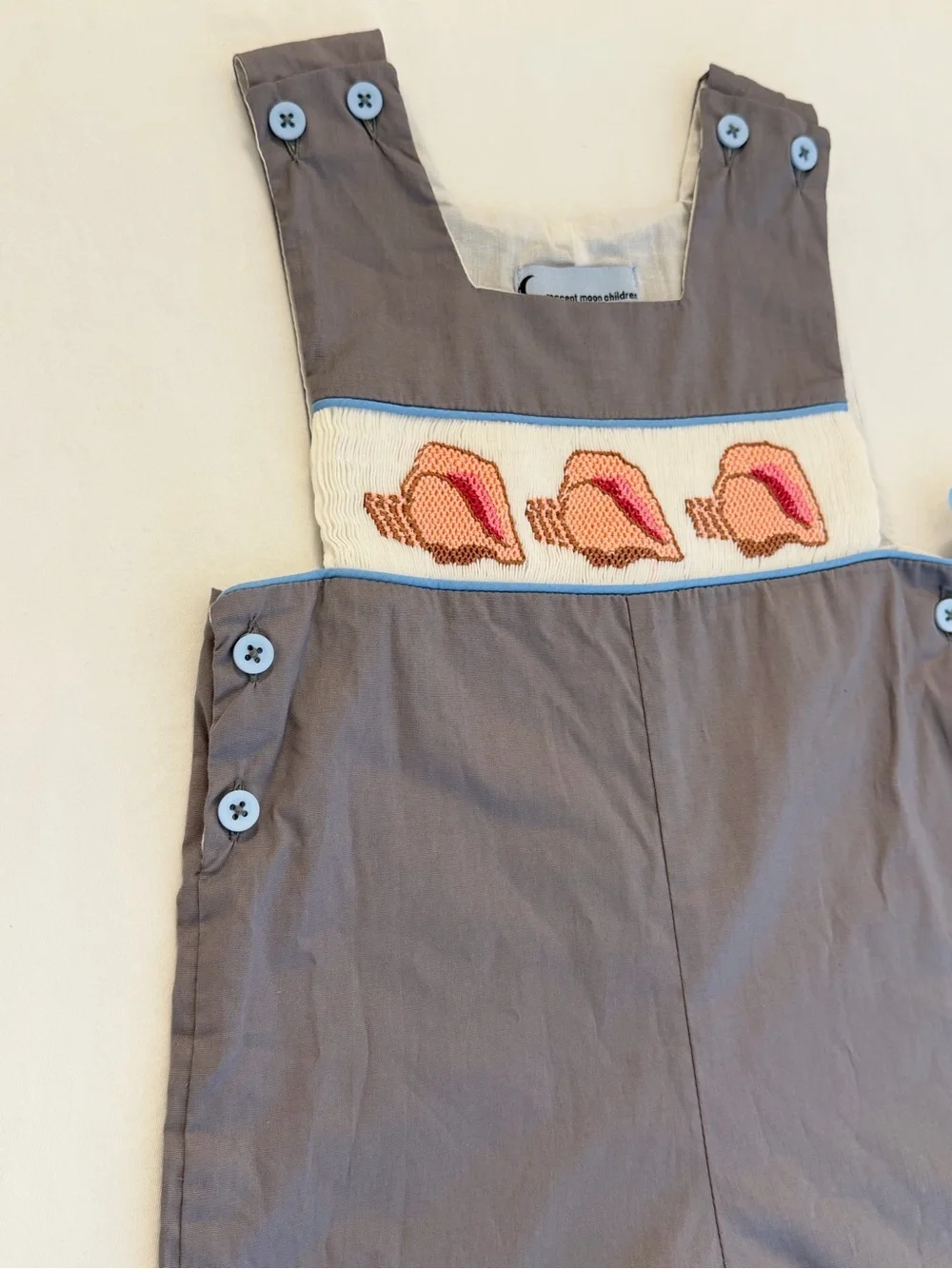 Crescent Moon Boys Gray Smocked Jon Jon Shortall w/ Stitched Conch Shells 18M